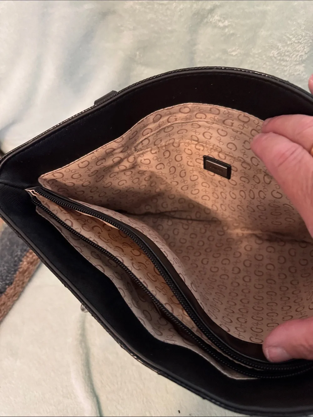 Guess Black Quilted Logo Patent Tote